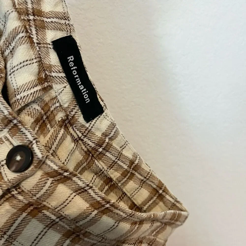 Reformation Verano Beige Plaid Cropped High Waisted Pants Women's Size 2